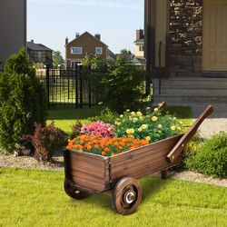 rustic wooden wagon planter, rolling plant box with handles & drainage