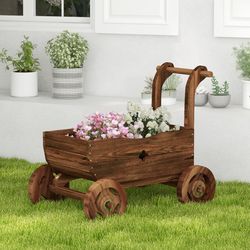 decorative wooden wagon cart with handle wheels & drainage hole, rustic garden planter