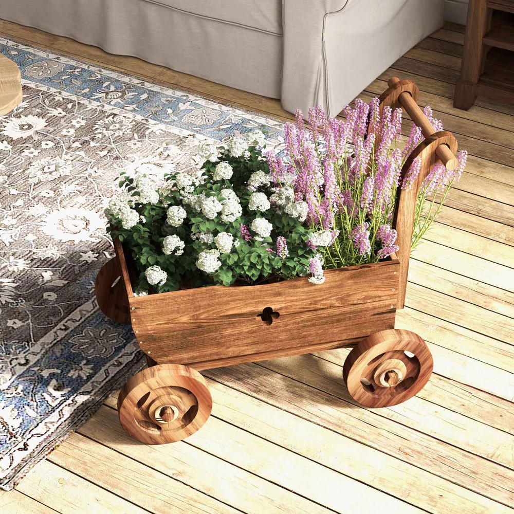 Decorative Wooden Wagon Cart with Handle Wheels & Drainage Hole, Rustic Garden Planter
