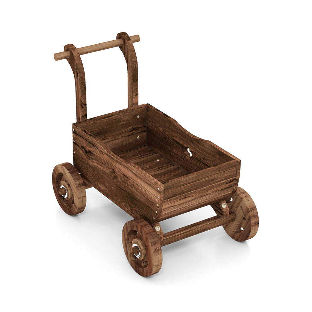 Decorative Wooden Wagon Cart with Handle Wheels & Drainage Hole, Rustic Garden Planter