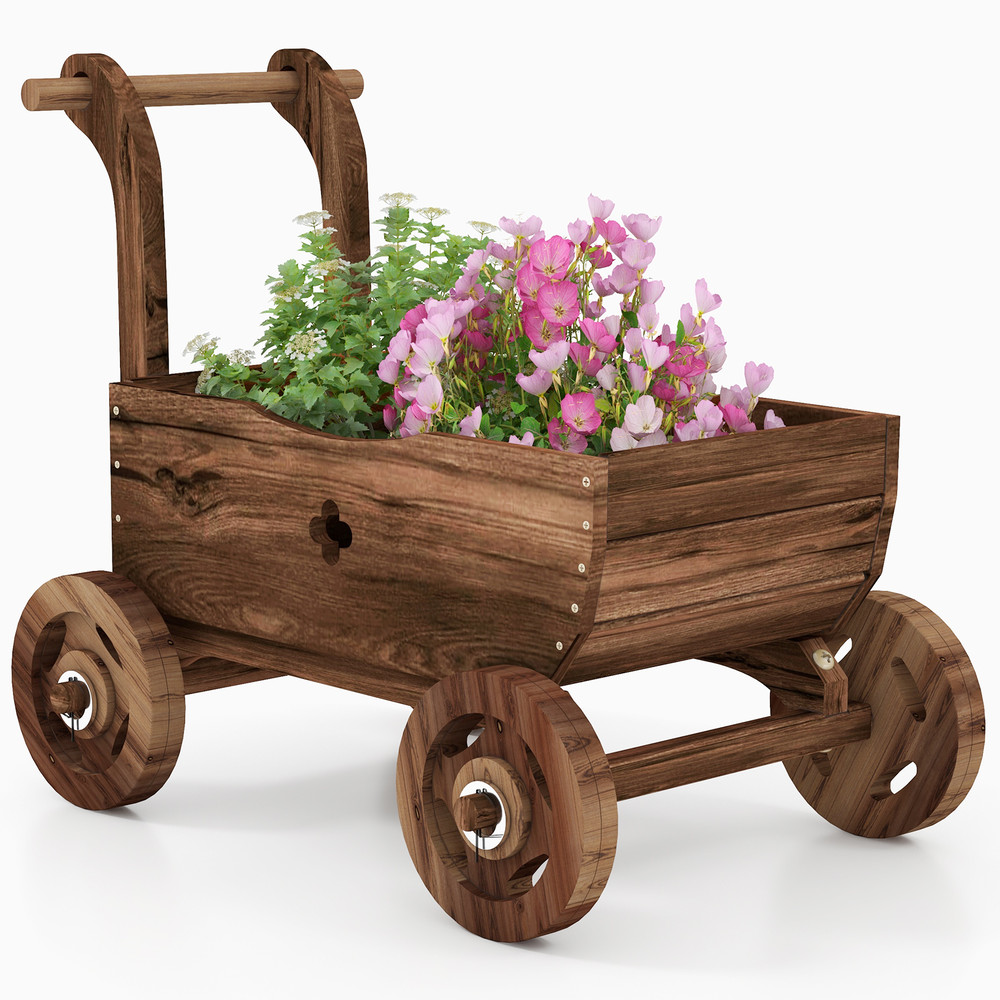 Decorative Wooden Wagon Cart with Handle Wheels & Drainage Hole, Rustic Garden Planter