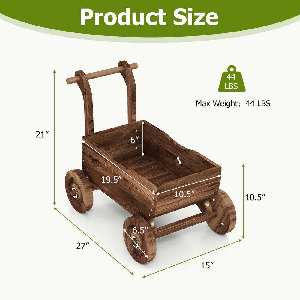Decorative Wooden Wagon Cart with Handle Wheels & Drainage Hole, Rustic Garden Planter