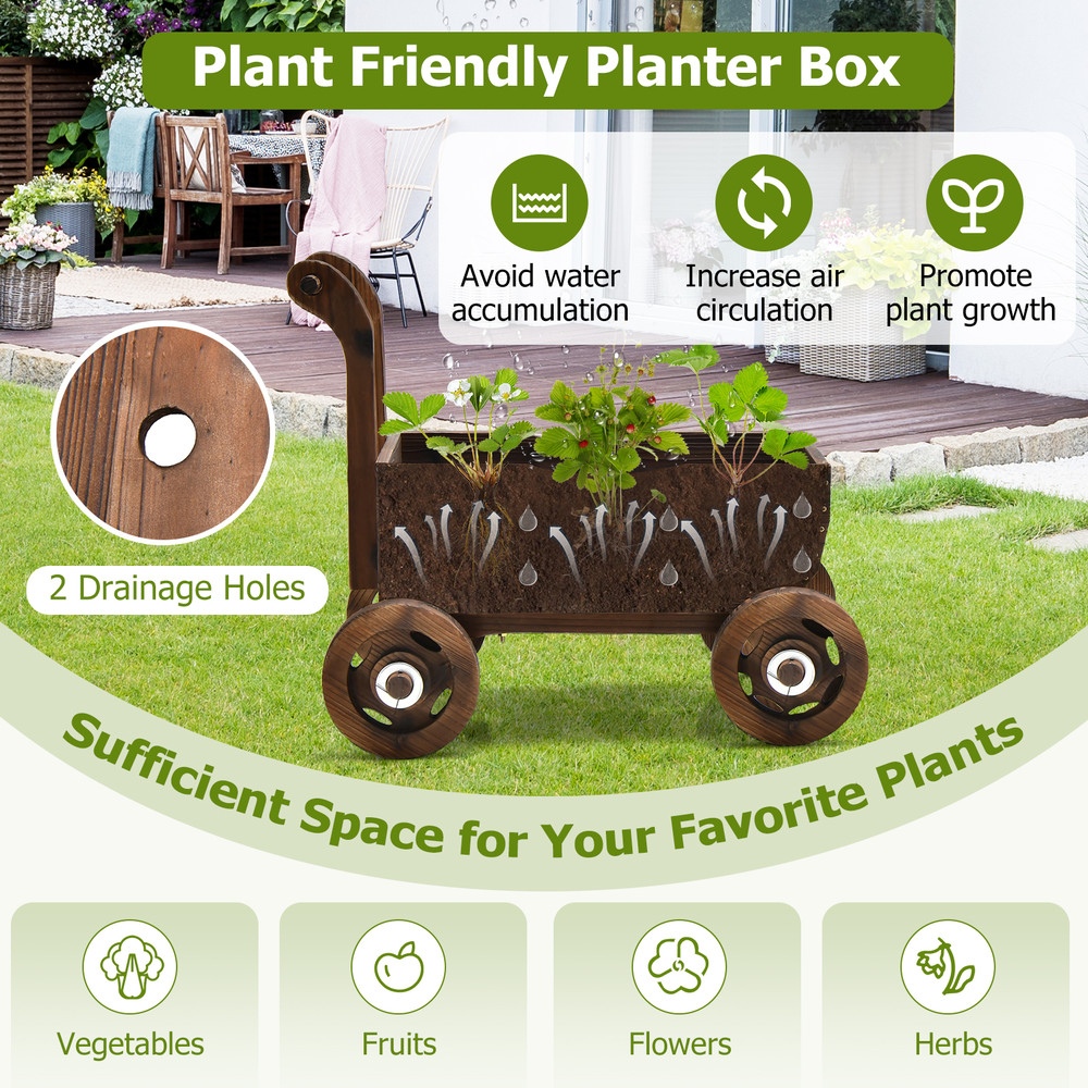 Decorative Wooden Wagon Cart with Handle Wheels & Drainage Hole, Rustic Garden Planter