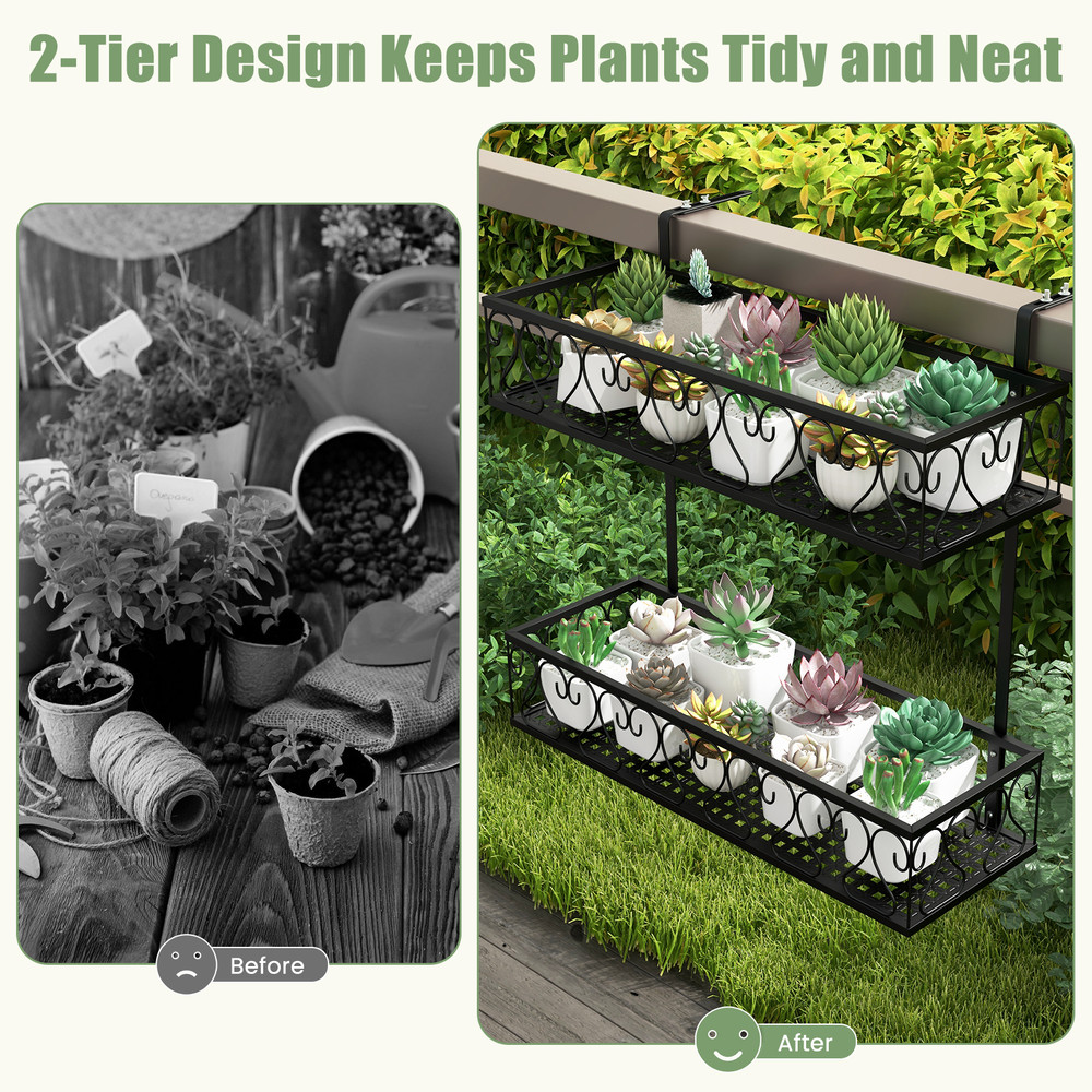 Flower Pot Holder with Adjustable Hooks & 2 Planter Baskets, Space-Saving Garden Decor