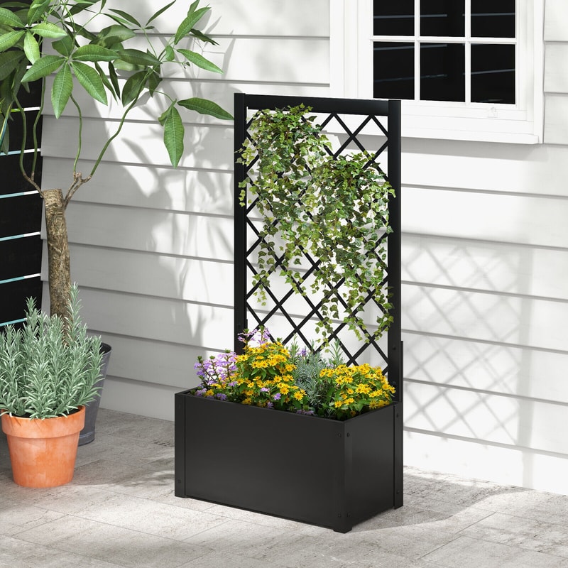 44" Metal Raised Garden Bed with Trellis, Sturdy Outdoor Planter for Vegetables, Flowers & Vines