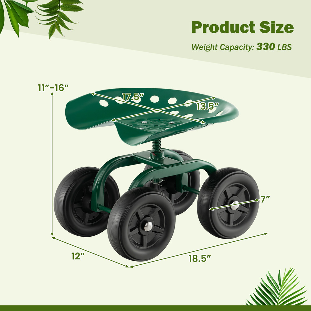 Heavy-Duty Garden Rolling Workseat with 360° Swivel Seat & Adjustable Height – Sturdy Mobile Garden Stool Cart