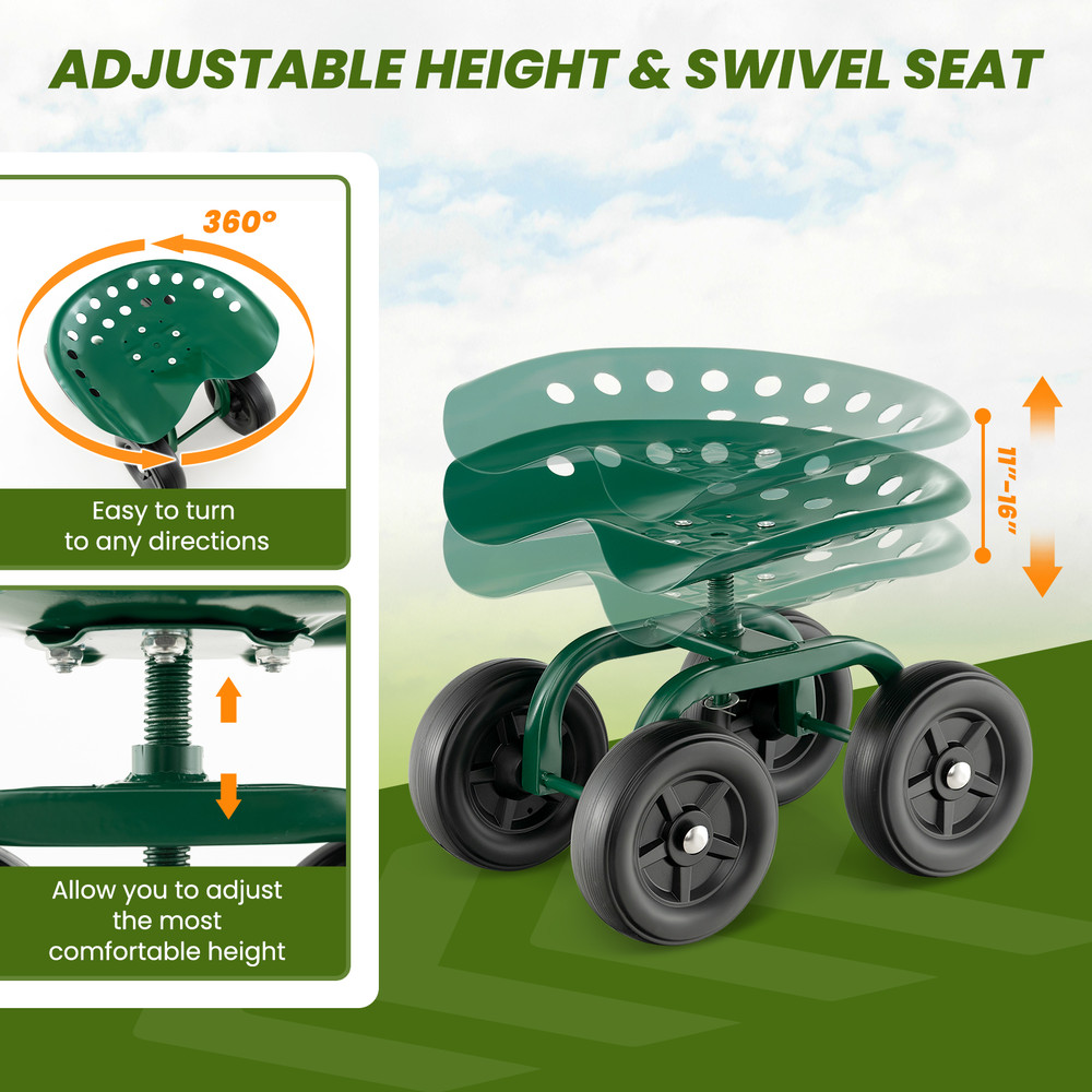 Heavy-Duty Garden Rolling Workseat with 360° Swivel Seat & Adjustable Height – Sturdy Mobile Garden Stool Cart