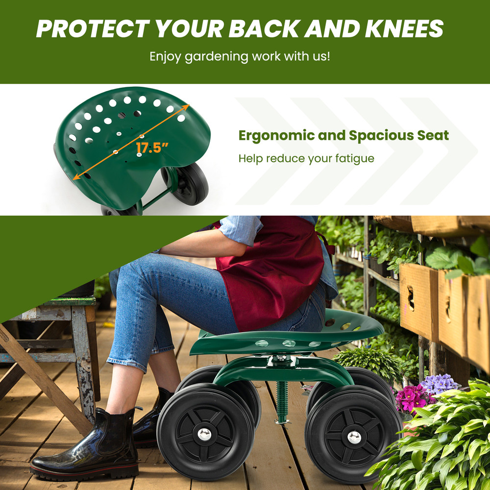 Heavy-Duty Garden Rolling Workseat with 360° Swivel Seat & Adjustable Height – Sturdy Mobile Garden Stool Cart