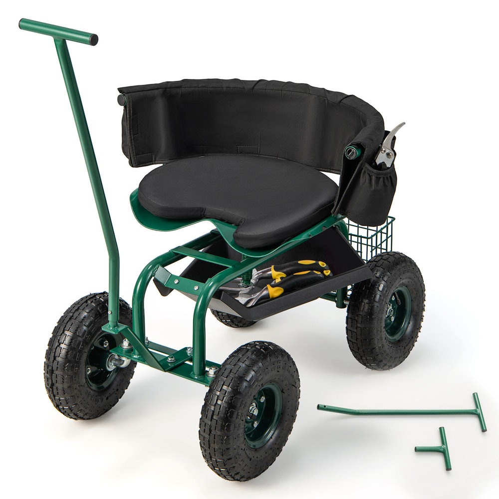Rolling Garden Cart with Swivel Seat, Height Adjustable Stool & Tool Storage Basket for Yard Work, Lawn & Gardening