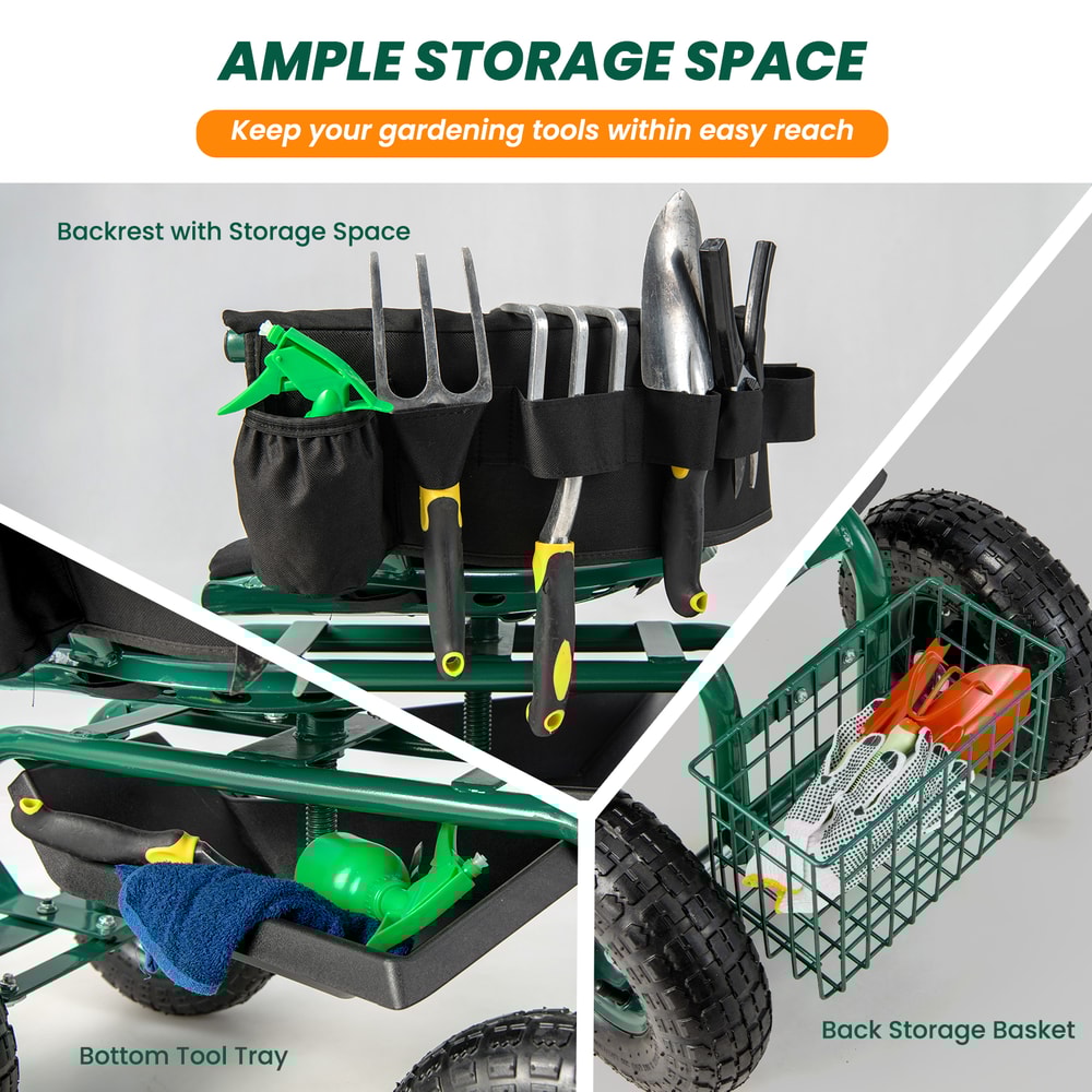 Rolling Garden Cart with Swivel Seat, Height Adjustable Stool & Tool Storage Basket for Yard Work, Lawn & Gardening