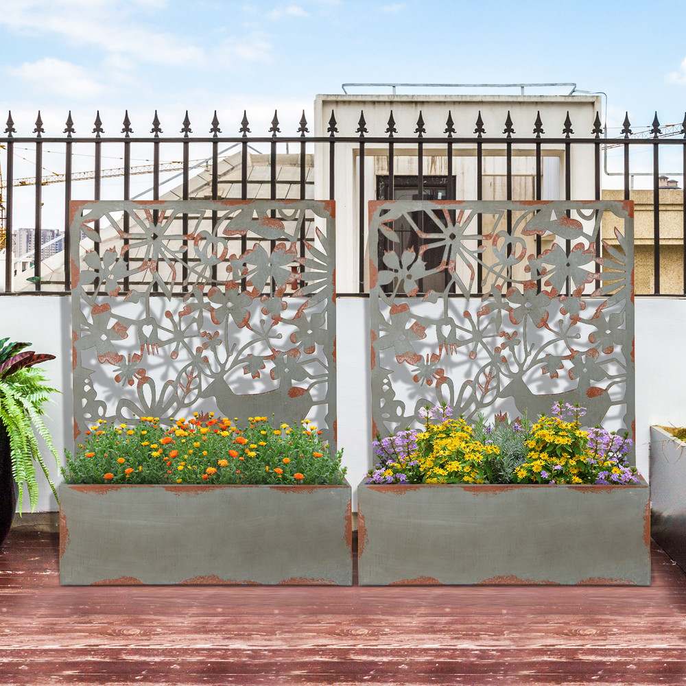 Set of 2 Decorative Raised Garden Bed with Trellises, Metal Planter Boxes & Privacy Screen, Wall Mounted or Freestanding