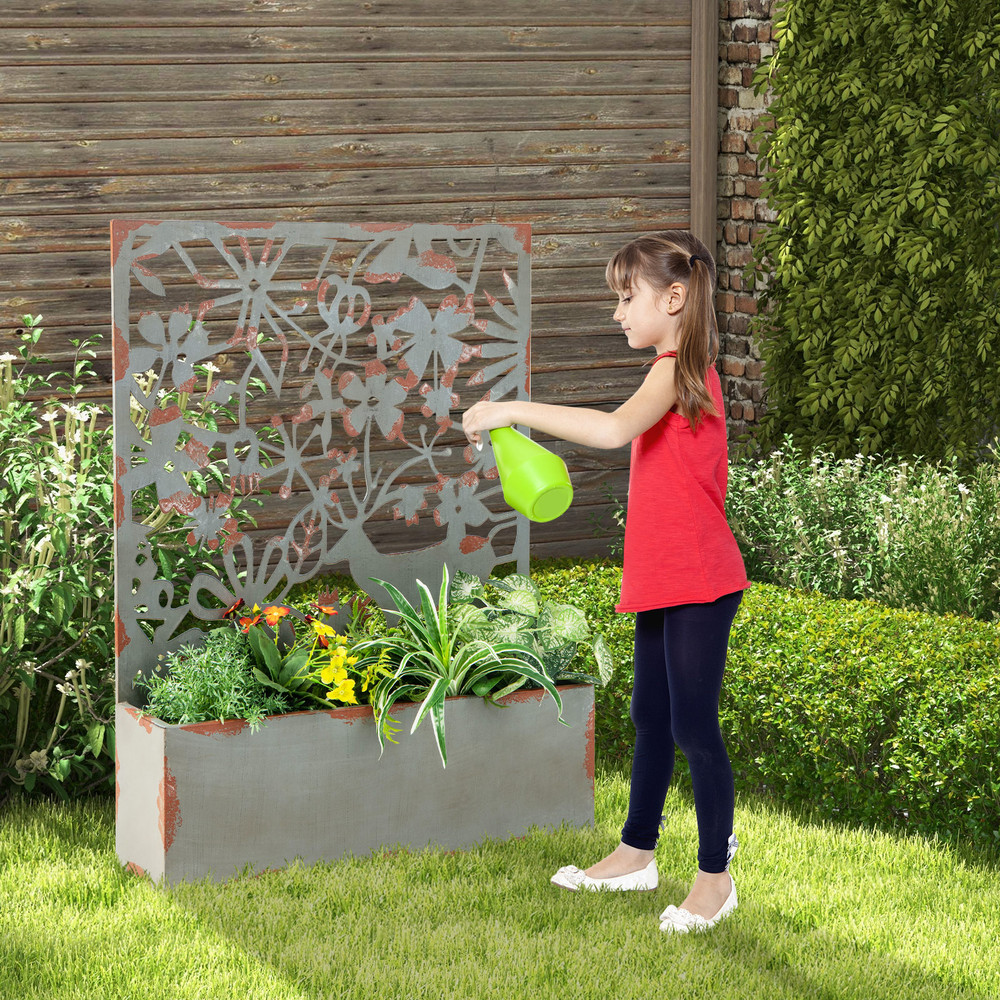 Set of 2 Decorative Raised Garden Bed with Trellises, Metal Planter Boxes & Privacy Screen, Wall Mounted or Freestanding