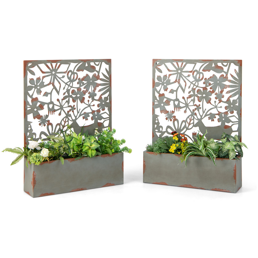 Set of 2 Decorative Raised Garden Bed with Trellises, Metal Planter Boxes & Privacy Screen, Wall Mounted or Freestanding