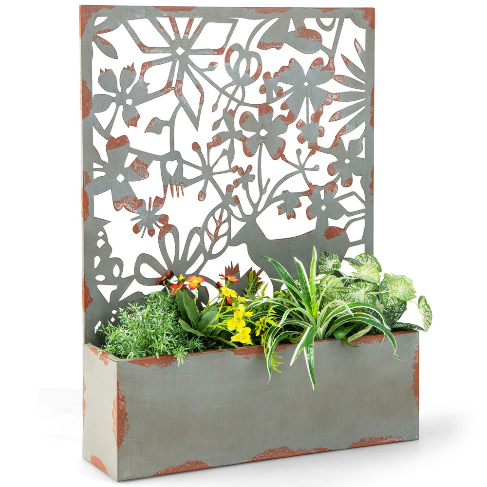 Set of 2 Decorative Raised Garden Bed with Trellises, Metal Planter Boxes & Privacy Screen, Wall Mounted or Freestanding