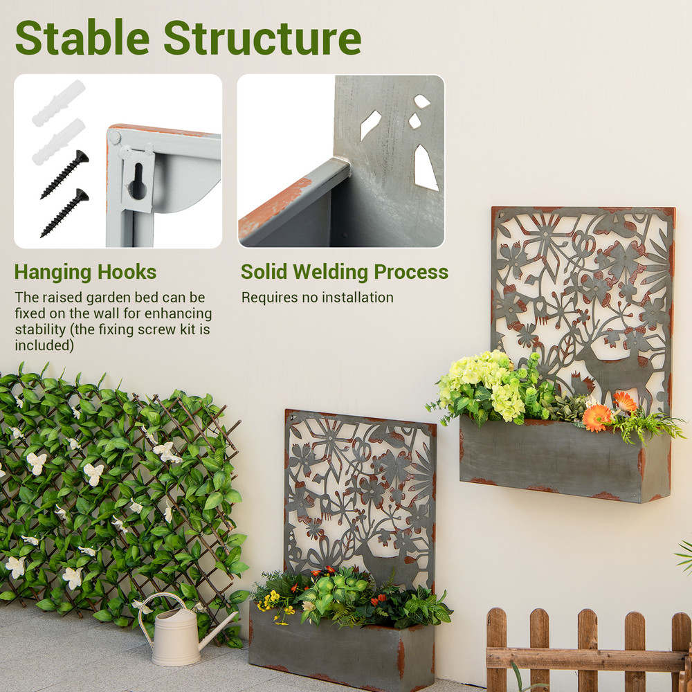 Set of 2 Decorative Raised Garden Bed with Trellises, Metal Planter Boxes & Privacy Screen, Wall Mounted or Freestanding