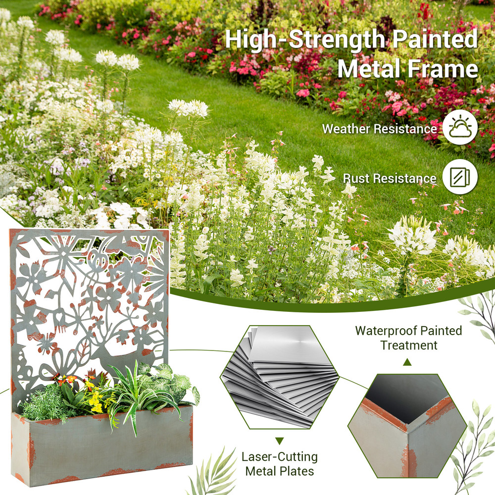 Set of 2 Decorative Raised Garden Bed with Trellises, Metal Planter Boxes & Privacy Screen, Wall Mounted or Freestanding