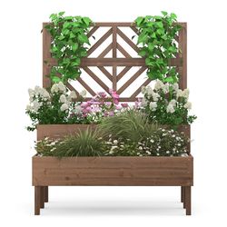 wooden elevated garden bed with trellis and legs, outdoor planter box for vegetables, flowers, and climbing plants