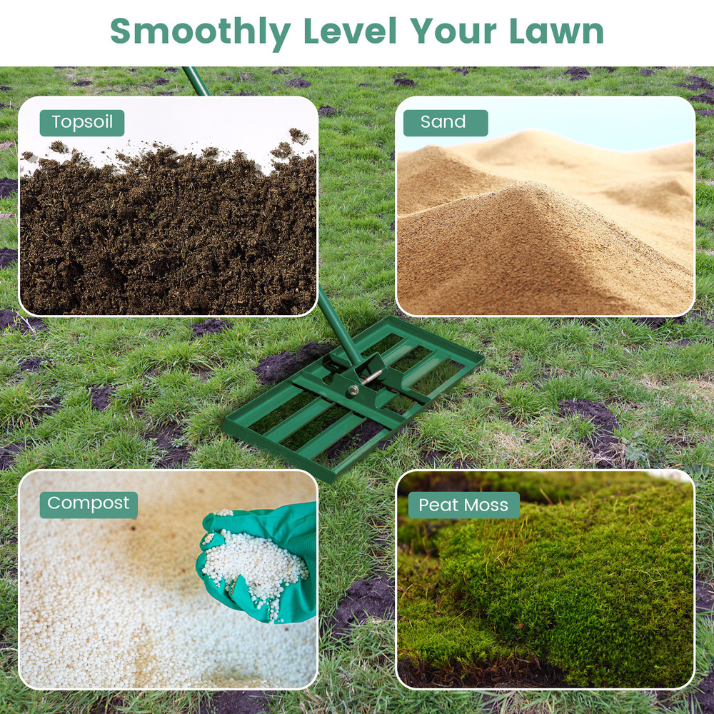 Lawn Leveling Rake with Ergonomic Handle, Heavy Duty Metal Yard Tool for Soil, Sand, Topdressing & Garden Lawn Care