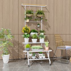 4-tier hanging plant stand with hanging bar & wheels, indoor outdoor tall metal flower rack for pots, tools, balcony