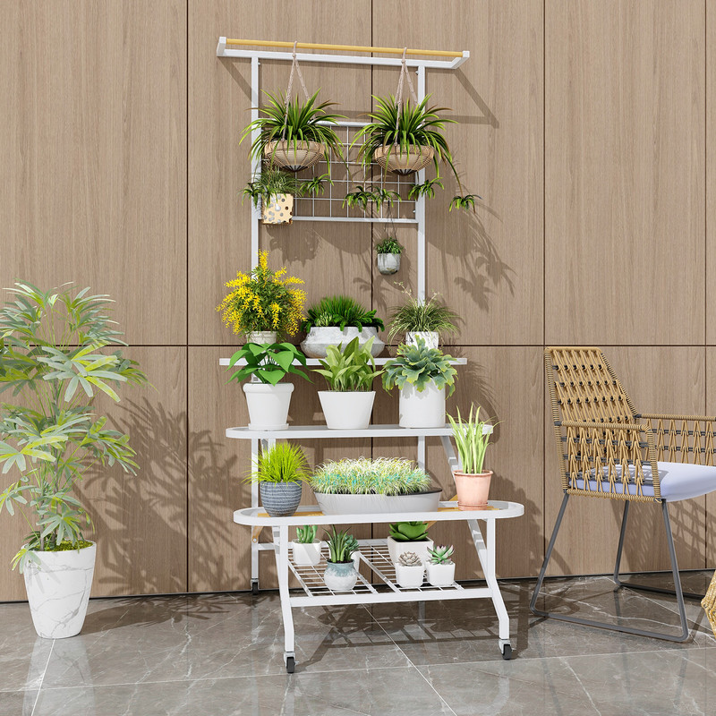 4-Tier Hanging Plant Stand with Hanging Bar & Wheels, Indoor Outdoor Tall Metal Flower Rack for Pots, Tools, Balcony
