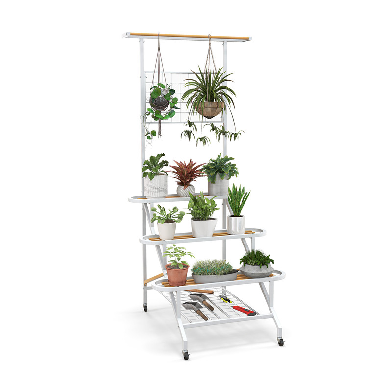 4-Tier Hanging Plant Stand with Hanging Bar & Wheels, Indoor Outdoor Tall Metal Flower Rack for Pots, Tools, Balcony