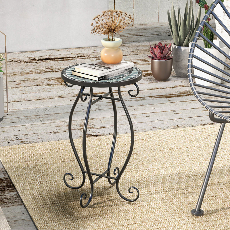 Small Plant Stand with Weather Resistant Ceramic Tile Tabletop, Outdoor Mosaic Side Table for Patio, Balcony, Garden