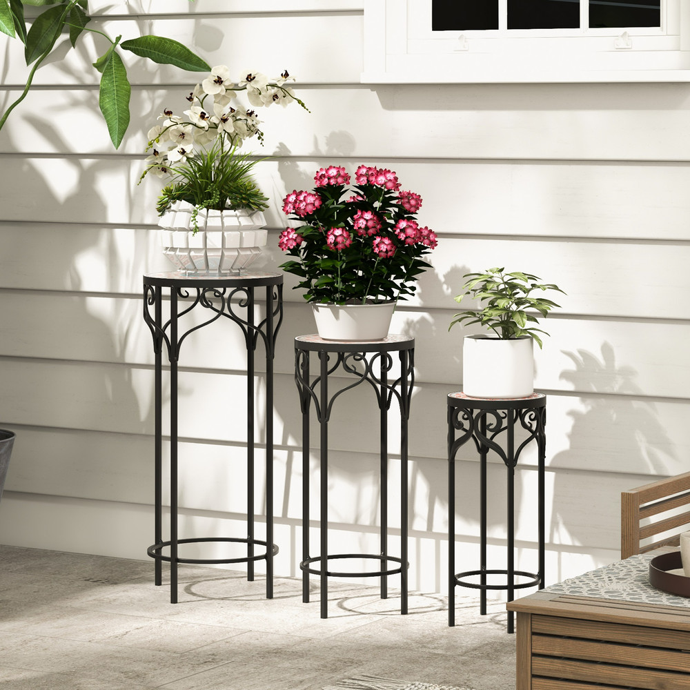 3-Tier Decorative Flower Display Holder with Ceramic Top, Indoor Outdoor Metal Plant Stand Set for Patio, Garden