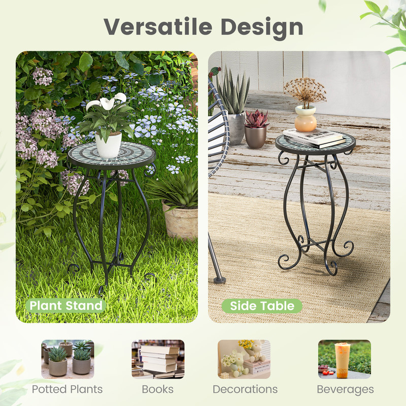 Small Plant Stand with Weather Resistant Ceramic Tile Tabletop, Outdoor Mosaic Side Table for Patio, Balcony, Garden