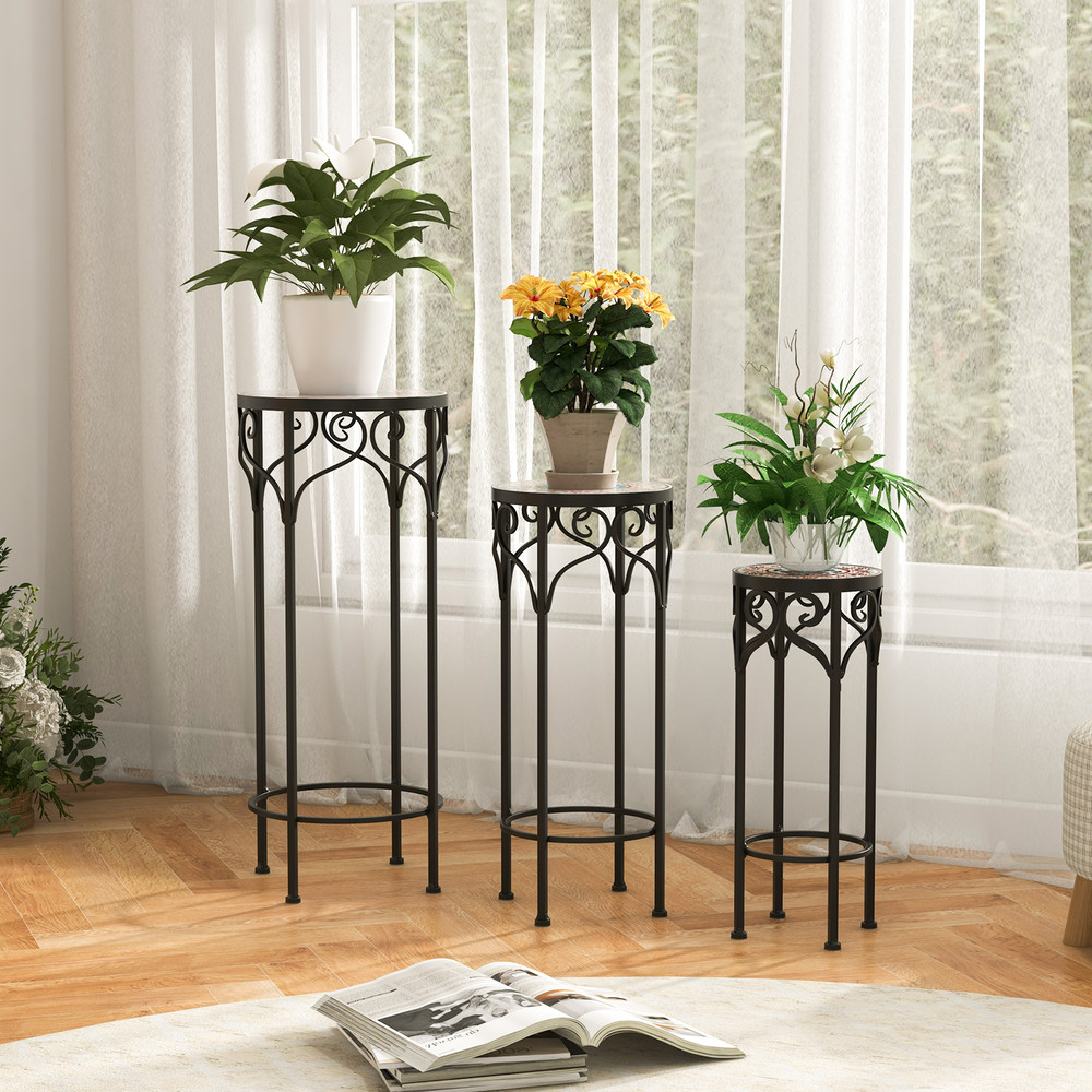 3-Tier Decorative Flower Display Holder with Ceramic Top, Indoor Outdoor Metal Plant Stand Set for Patio, Garden