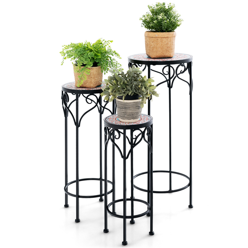 3-Tier Decorative Flower Display Holder with Ceramic Top, Indoor Outdoor Metal Plant Stand Set for Patio, Garden