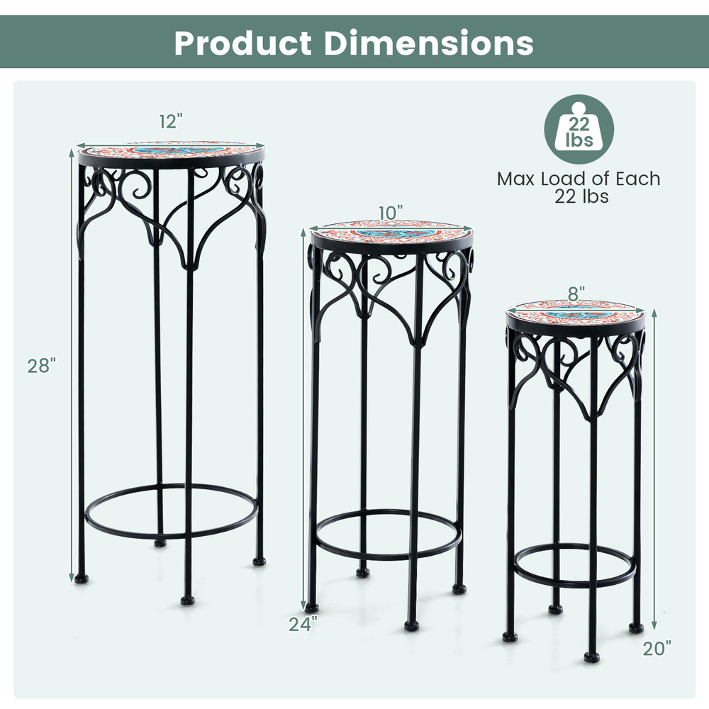 3-Tier Decorative Flower Display Holder with Ceramic Top, Indoor Outdoor Metal Plant Stand Set for Patio, Garden