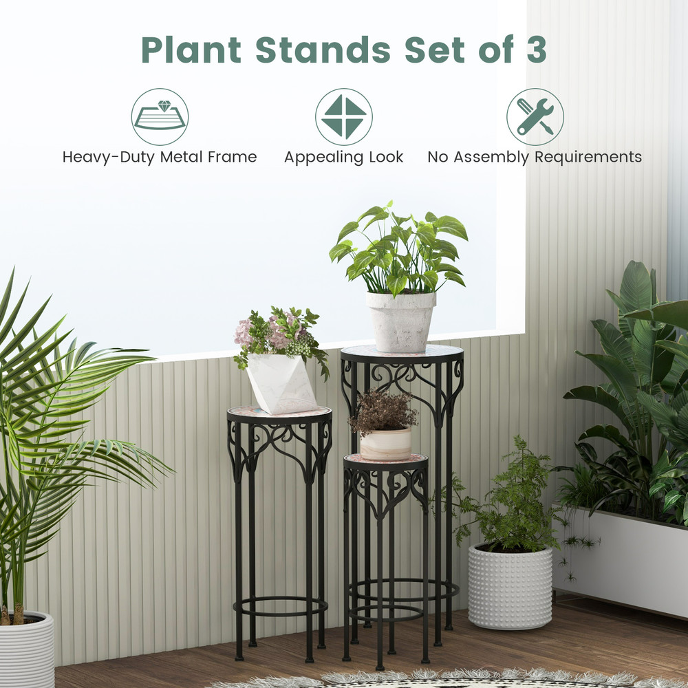 3-Tier Decorative Flower Display Holder with Ceramic Top, Indoor Outdoor Metal Plant Stand Set for Patio, Garden