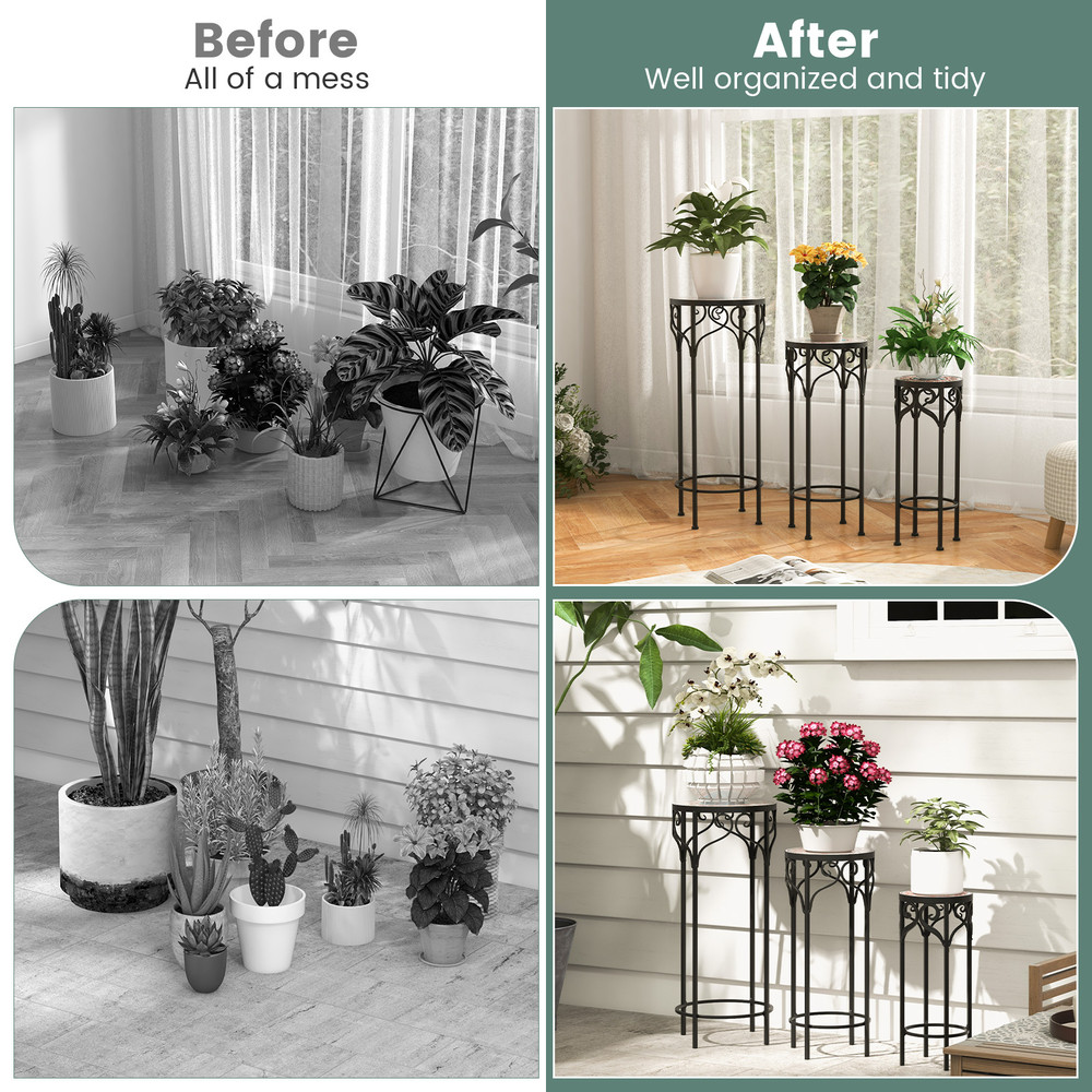 3-Tier Decorative Flower Display Holder with Ceramic Top, Indoor Outdoor Metal Plant Stand Set for Patio, Garden