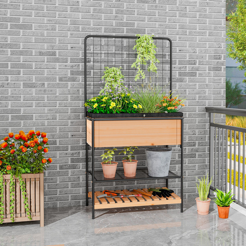 Raised Garden Bed with Trellis & 2-Tier Storage Shelves, Elevated Planter Box for Vegetables, Herbs, and Flowers
