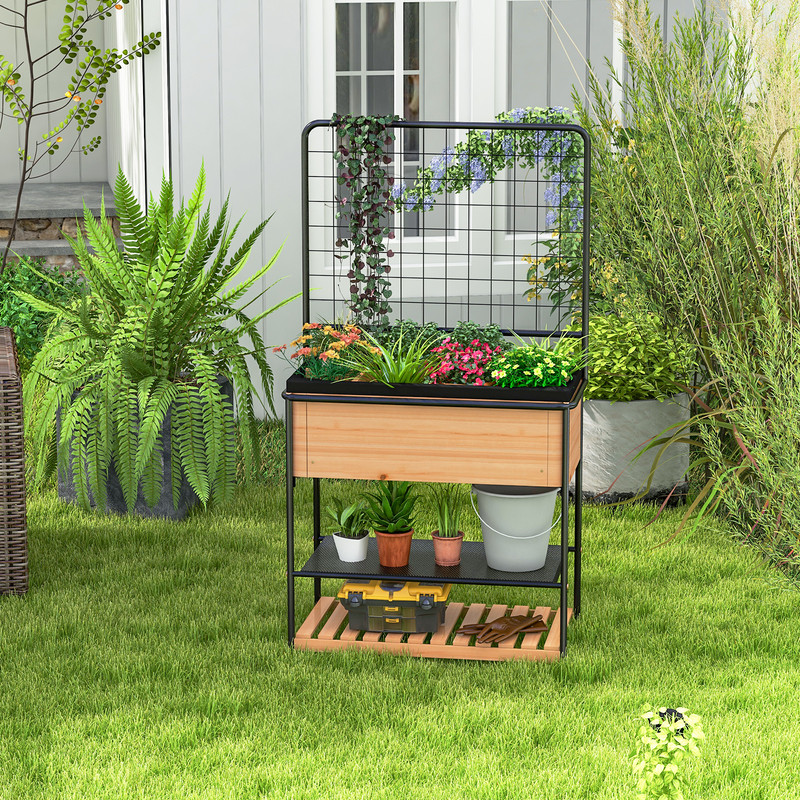 Raised Garden Bed with Trellis & 2-Tier Storage Shelves, Elevated Planter Box for Vegetables, Herbs, and Flowers