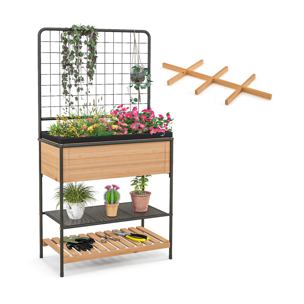 Raised Garden Bed with Trellis & 2-Tier Storage Shelves, Elevated Planter Box for Vegetables, Herbs, and Flowers