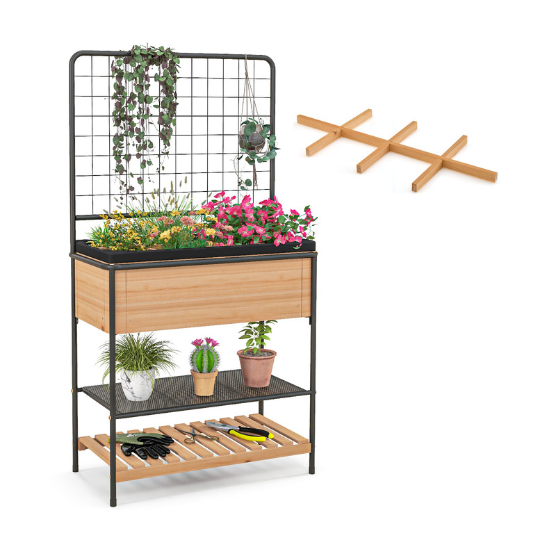 Raised Garden Bed with Trellis & 2-Tier Storage Shelves, Elevated Planter Box for Vegetables, Herbs, and Flowers