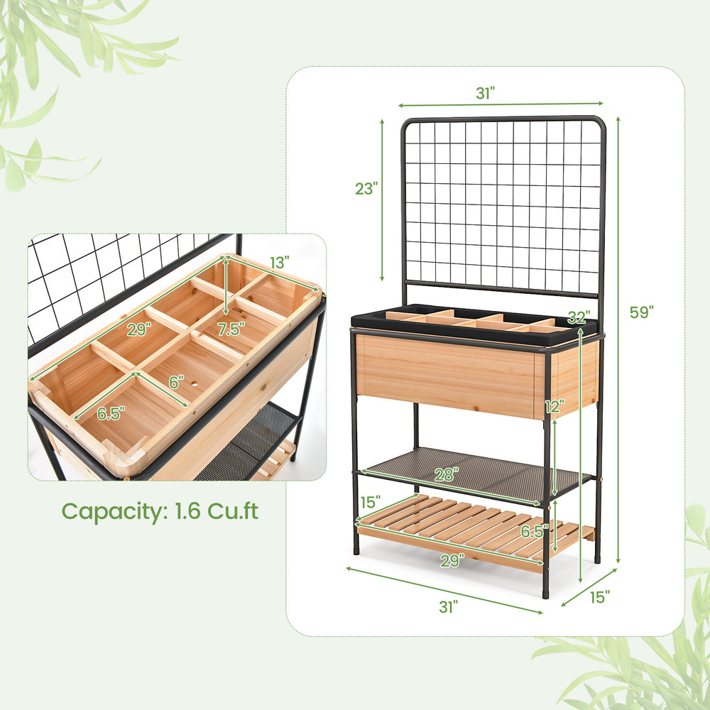 Raised Garden Bed with Trellis & 2-Tier Storage Shelves, Elevated Planter Box for Vegetables, Herbs, and Flowers