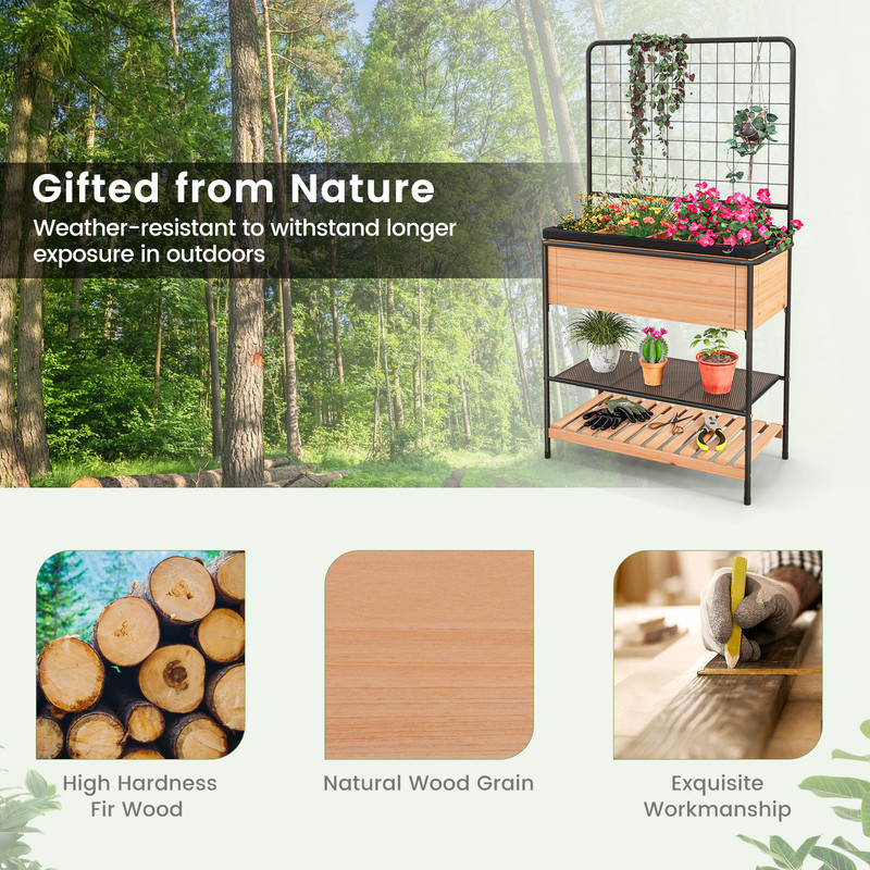 Raised Garden Bed with Trellis & 2-Tier Storage Shelves, Elevated Planter Box for Vegetables, Herbs, and Flowers