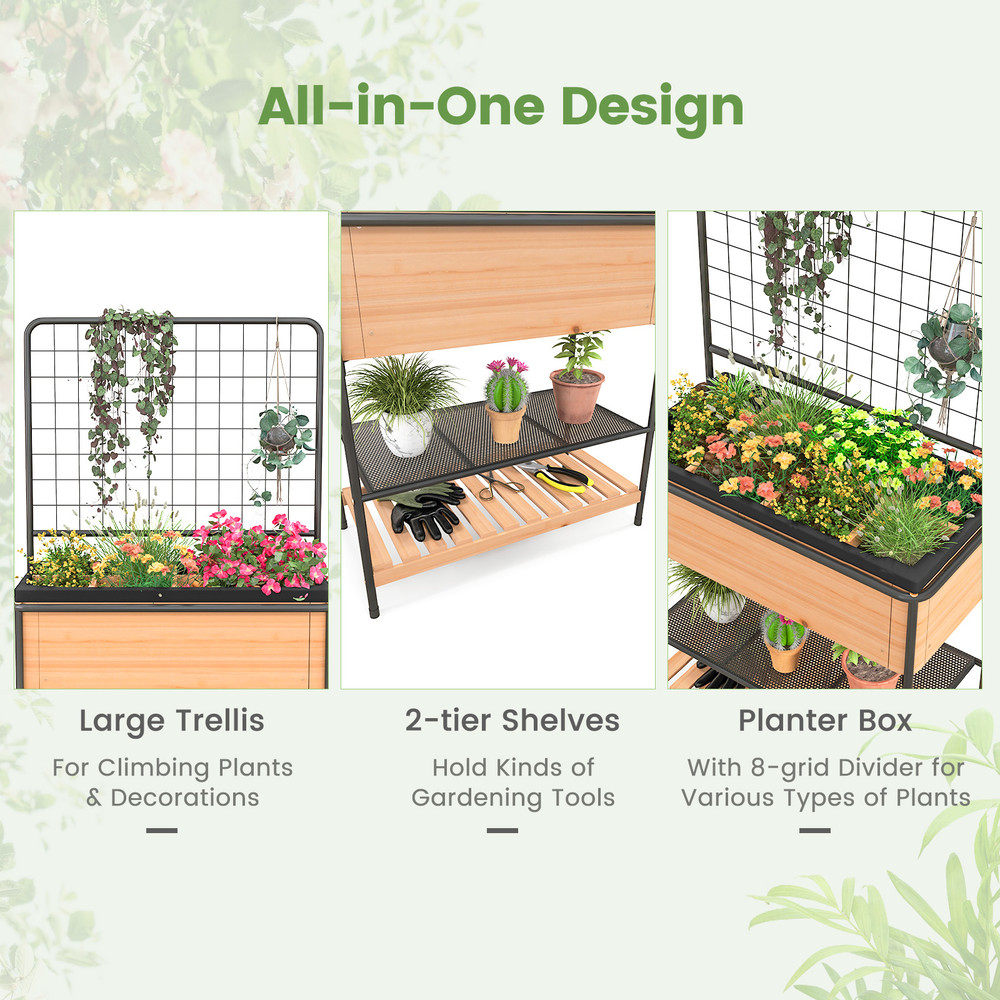 Raised Garden Bed with Trellis & 2-Tier Storage Shelves, Elevated Planter Box for Vegetables, Herbs, and Flowers