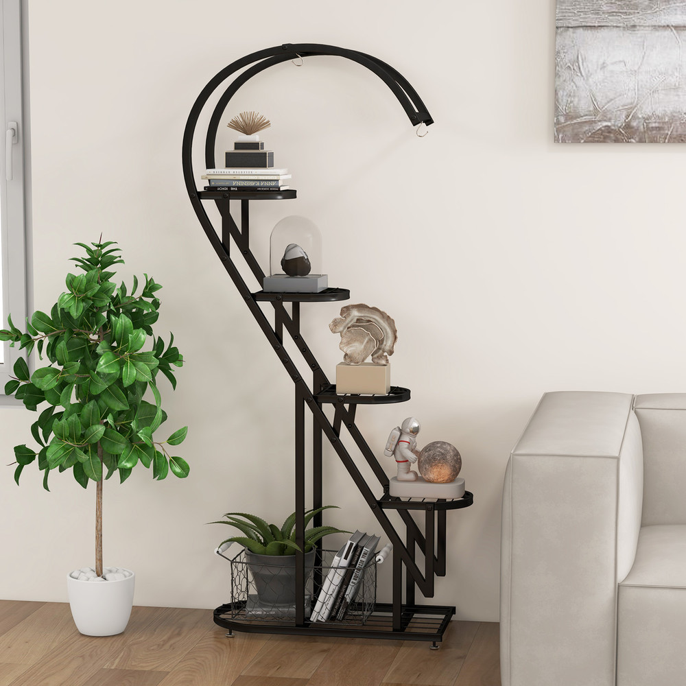 5 Tier Metal Plant Stand with Hanging Hook for Multiple Plants, Indoor Outdoor Tall Flower Shelf Rack, Tiered Ladder