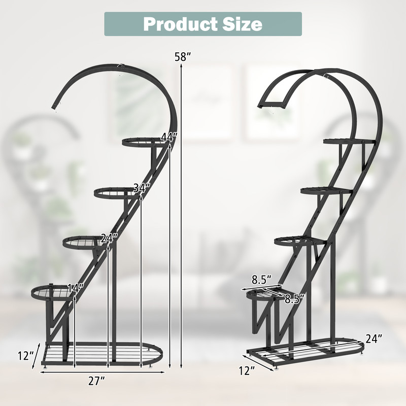 5 Tier Metal Plant Stand with Hanging Hook for Multiple Plants, Indoor Outdoor Tall Flower Shelf Rack, Tiered Ladder