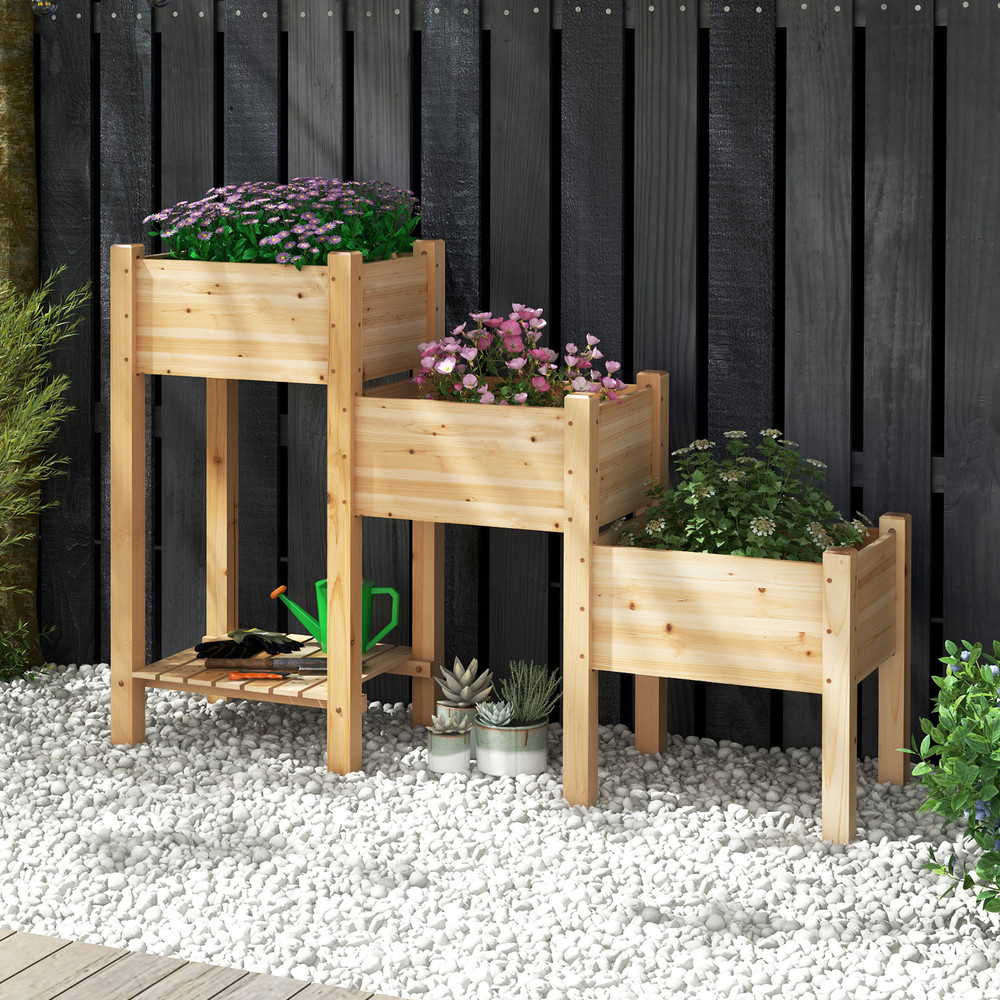 3-Tier Wooden Raised Garden Bed with Storage Shelf, Elevated Planter Box for Vegetables, Herbs, Flowers, Outdoor