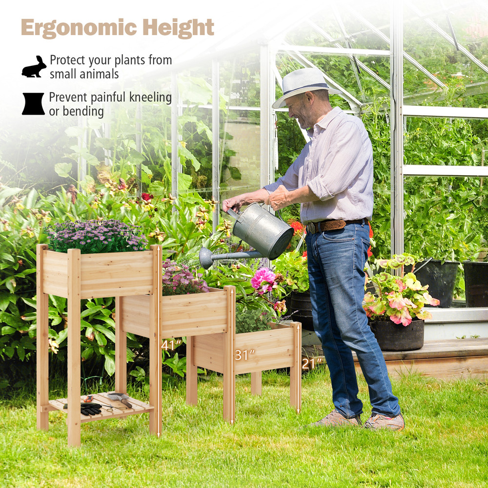 3-Tier Wooden Raised Garden Bed with Storage Shelf, Elevated Planter Box for Vegetables, Herbs, Flowers, Outdoor