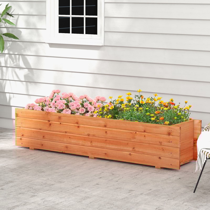 Fir Wood Planter Box with 2 Drainage Holes & Bottom Crossbars, Outdoor Raised Garden Bed for Flowers, Herbs & Vegetable