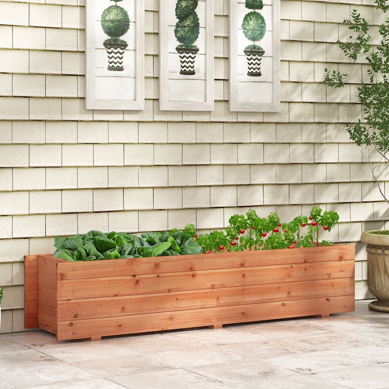 Fir Wood Planter Box with 2 Drainage Holes & Bottom Crossbars, Outdoor Raised Garden Bed for Flowers, Herbs & Vegetable