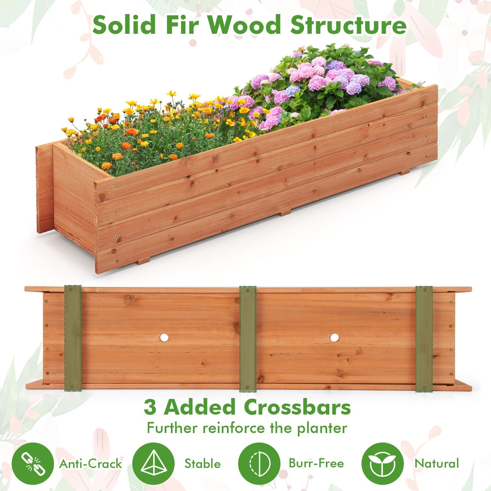 Fir Wood Planter Box with 2 Drainage Holes & Bottom Crossbars, Outdoor Raised Garden Bed for Flowers, Herbs & Vegetable