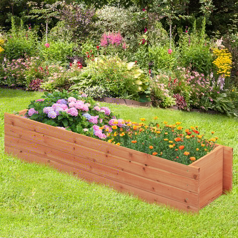 Fir Wood Planter Box with 2 Drainage Holes & Bottom Crossbars, Outdoor Raised Garden Bed for Flowers, Herbs & Vegetable