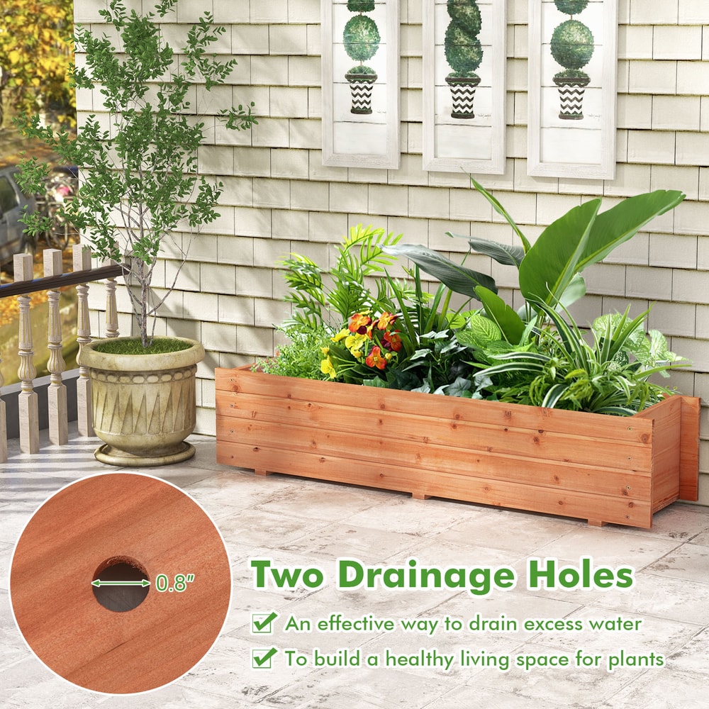 Fir Wood Planter Box with 2 Drainage Holes & Bottom Crossbars, Outdoor Raised Garden Bed for Flowers, Herbs & Vegetable
