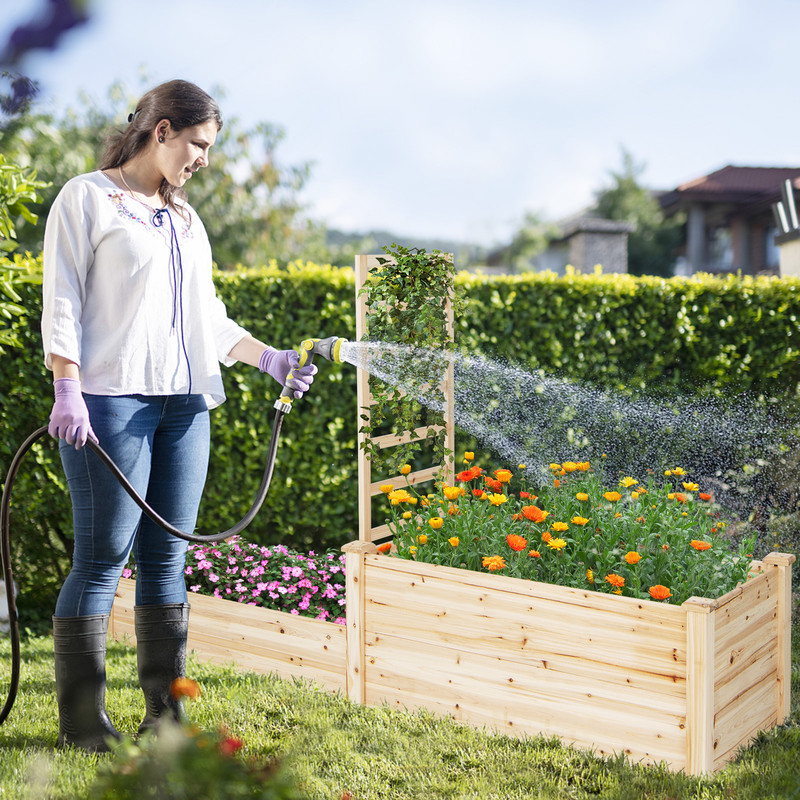 Raised Garden Bed with Trellis Planter Box, 2-Tier Wooden Elevated Garden Box for Vegetables, Herbs & Climbing Plants